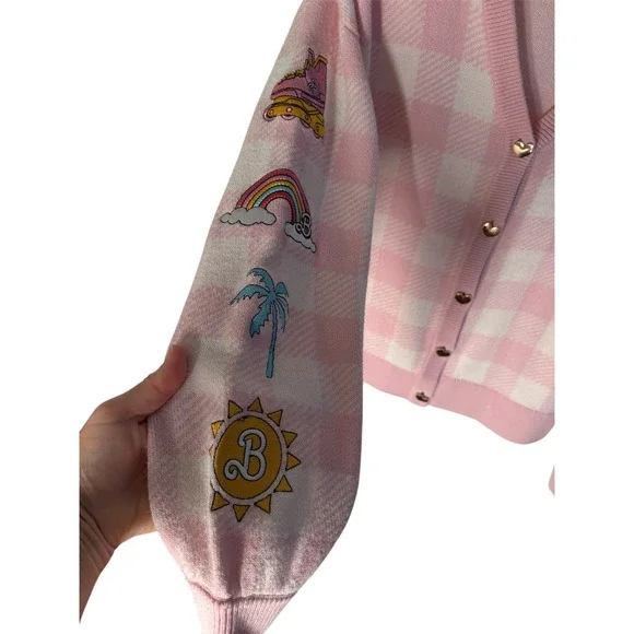 Barbie The Movie Pink Cardigan Sweater Size Small Gingham Heart Buttons - Picture 9 of 11